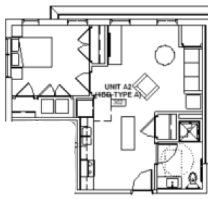 Floor plan for 1 bed, 1 bath, 605 sqft